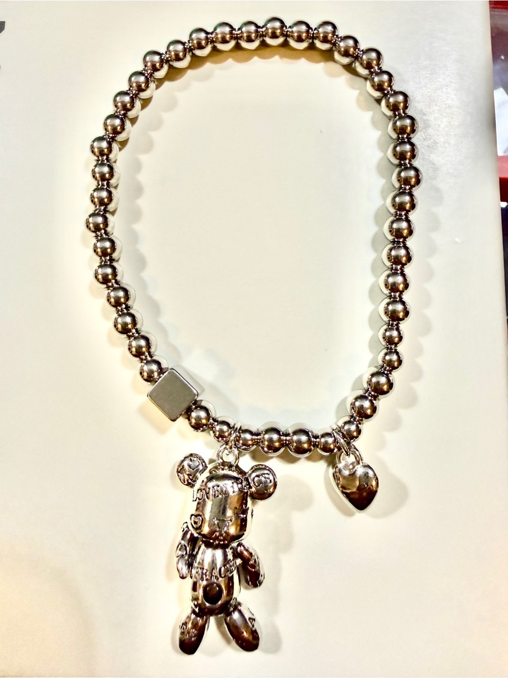 Sterling-Tone Beaded Bear Pendant Necklace with Heart Charm - Silver